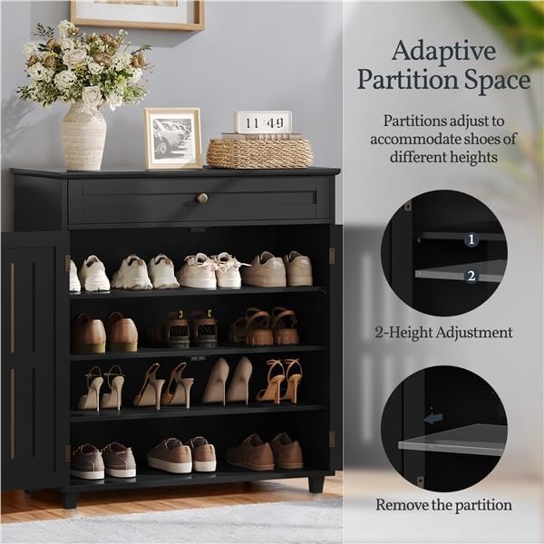 Yaheetech Shoe Cabinet, 4-Tier Shoe Storage Cabinet with Drawer & Adjustable Shelves, Wooden Shoe Rack Organizer with Louvered Doors for Entryway, Hallway, Closet, Living Room, Black