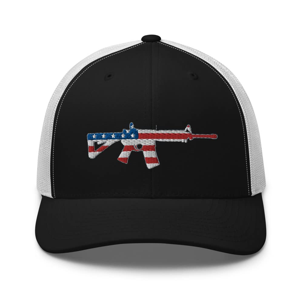 Gunner Gear 2nd Amendment American Flag AR-15 Tactical USA Hat for Men Trucker Style Snapback Yupoong 6606 Black/White