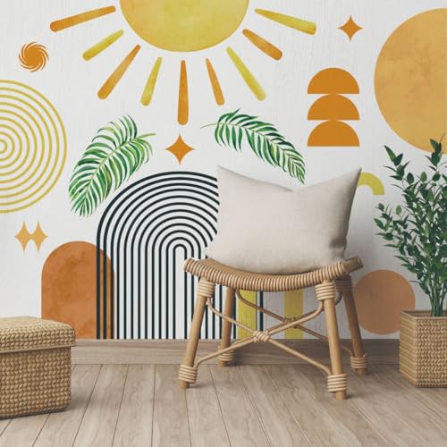 Runtoo Boho Wall Decal Arch Sun Palm Leaves Wall Stickers for Girls Bedroom Living Room Kids Nursery Abstract Modern Home Decor