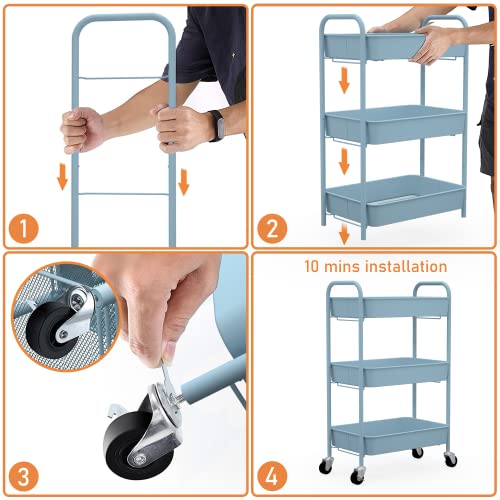 CAXXA 3-Tier Rolling Metal Storage Organizer - Mobile Utility Cart with Caster Wheels, Blue - color: Blue