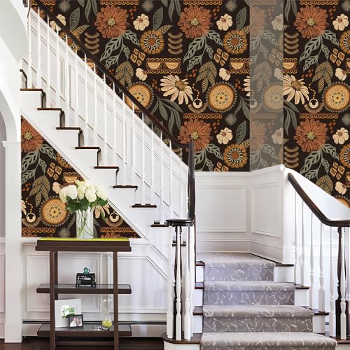 Boho Peel and Stick Wallpaper 17.3¡±¡¿120¡± Vintage Sun Floral Retro Removable Self Adhesive Wallpaper Flowers Bathroom Bedroom Kitchen Renter Friendly Wall Paper Botanical Mural Dark Countertop Paper