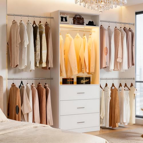 Wooden Closet System With LED Light 11FT Closet Organizer with 3 Wooden Drawers Walk-in Closet Organizer System with Tower and 4 Extendable Hanging Rods White