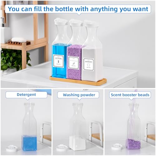 Laundry Detergent Dispenser,54OZ Laundry Soap Dispenser,Liquid Laundry Detergent Container,Fabric Softener Dispenser with Bamboo Wood Tray,Laundry Room Organizer with 4 Labels - color: White With Bamboo Tray