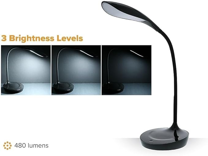Bostitch Office KT-VLED1502-BLK Gooseneck LED Desk Lamp with USB Charging Port, Dimmable, Black