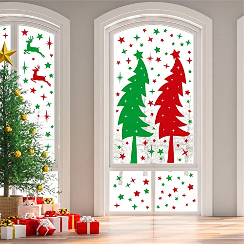 Large Christmas Tree Wall Stickers Vinyl Red Green Pine Tree Wall Decals Peel and Stick Stars Xmas Trees Stickers Removable Christmas Windows Walls Decorations Winter Holiday Party Supplies
