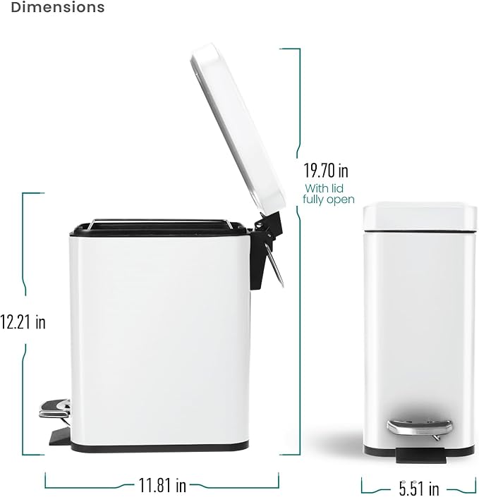 Home Zone Living 3-Pack 1.3 Gallon Small White Bathroom Trash Can with Lid and Step Pedal, Stainless Steel Wastebasket with Slim Design for Home and Office, 5 Liters