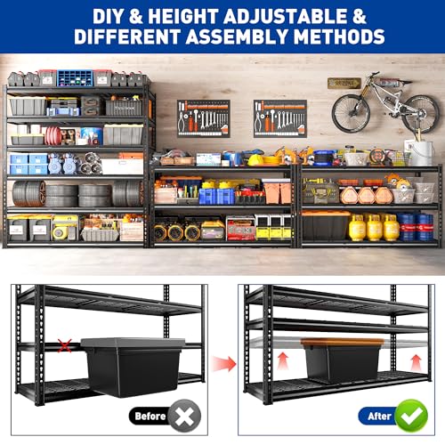 REIBII 78"H x 55"W Garage Shelving, 3300LBS Heavy Duty Shelving, Rivet 6-Tier Adjustable Metal Garage Storage Rack, Industrial Shelving with Reinforced Mesh, for Warehouse Basement Commercial, Black - size: 55.1"Wx17.7"D x 77.9"H