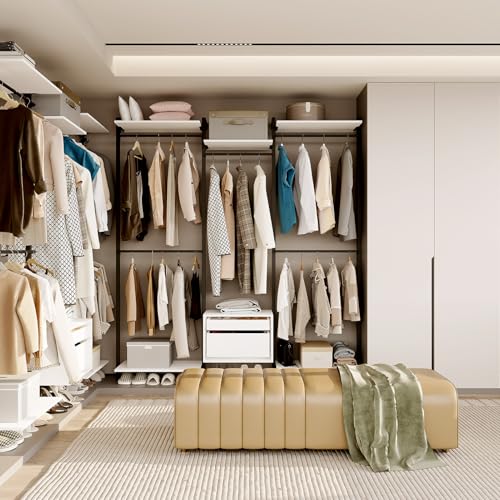 Wall-Mounted Steel & Wood Closet Organizer System with 4 Adjustable Shelves, 5 Hanging Rods, and 2 Drawers – Modern Open Wardrobe, White - color: BC03-white