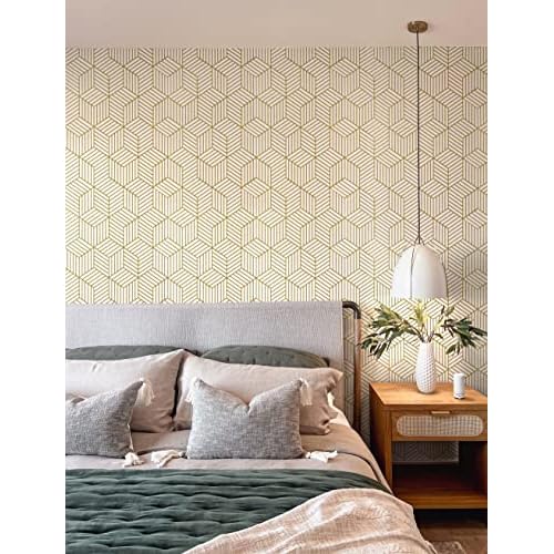Geometric Wallpaper Peel and Stick Wallpaper Removable Self Adhesive Wall paper White/Gold Striped Hexagon Contact Paper for Cabinets Shelf Drawer Liner Renter Friendly Vinyl Roll 17.7"x118.1" Upgrade