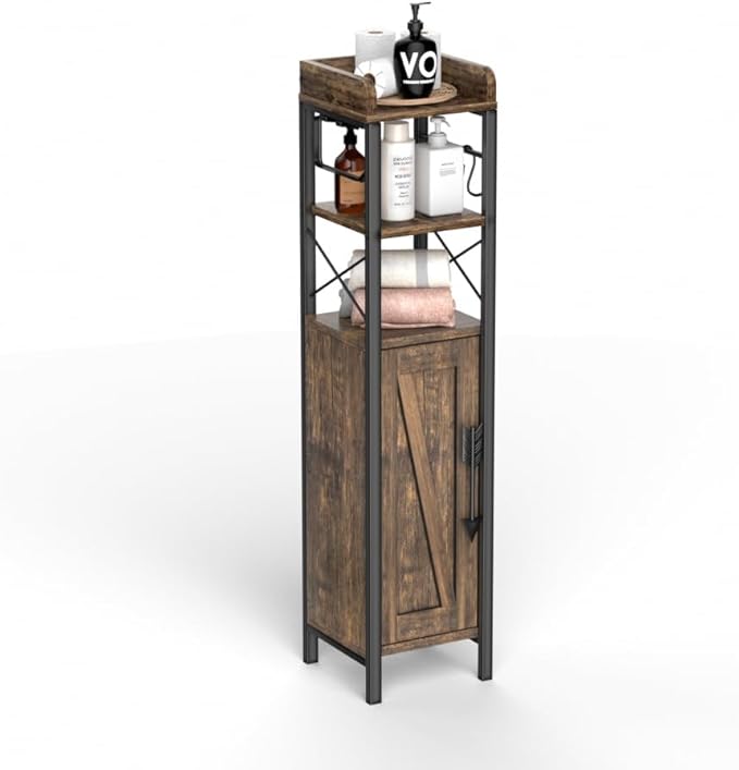 VECELO Small Bathroom Cabinet, Slim Toilet Paper Holder with Door&2 Shelves Metal Racks, Narrow Storage Organizers, Free Standing Farmhouse Style for Bathroom Restroom Tiny Space,Dark Brown