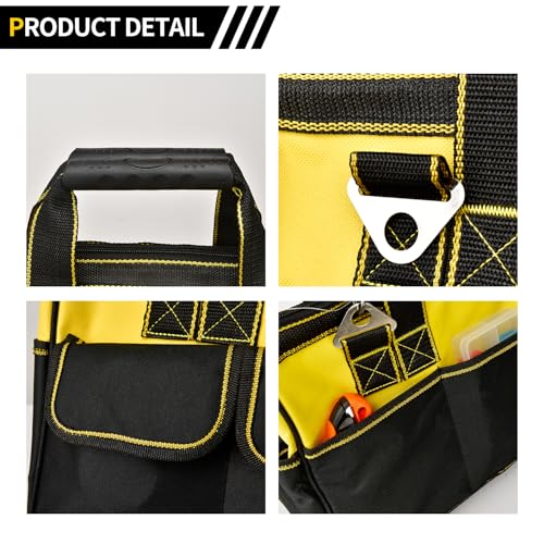 Heavy Duty Tool Bag 16-Inch, 16-Pocket Portable Tool Bag Organizer with Adjustable Shoulder Strap,Soft Handle Large Zipper Carrying Tool bags with Wide Mouth and Waterproof Strong Molded Base