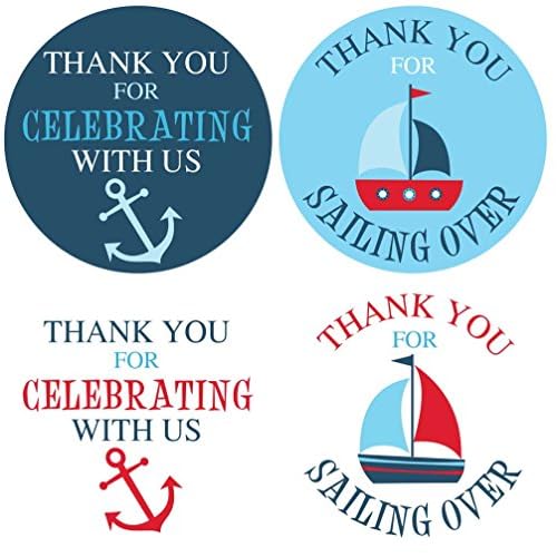 1.9 Inch Thank You Stickers Baby Shower Favor Nautical Boy 60 Labels Navy Blue Red