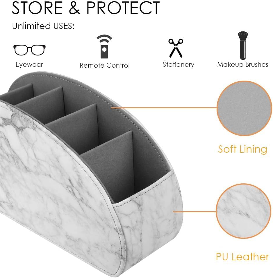 Remote Control Holder with 5 Compartments, PU Leather Remote Caddy Desktop Organizer for TV DVD Blu-Ray Media Player and Heater Controllers, Multifunction Tabletop Storage Box, White - color: White