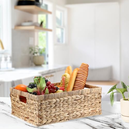 Wicker Basket for Shelf Natural Water Hyacinth Storage Baskets with Built-in Handles Rectangular Handwoven Basket Bin for Bathroom Kitchen Home Decor,16"x12"x6" - size: 16"Lx12"Wx6"H