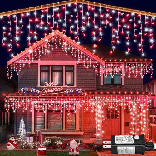 132ft Icicle Lights for Outside, Red and White Christmas Lights Outdoor Indoor, 1280 LED Twinkle With 240 Drops Short Curtain for Thanksgiving Room Home Wall Bedroom Window Decoration