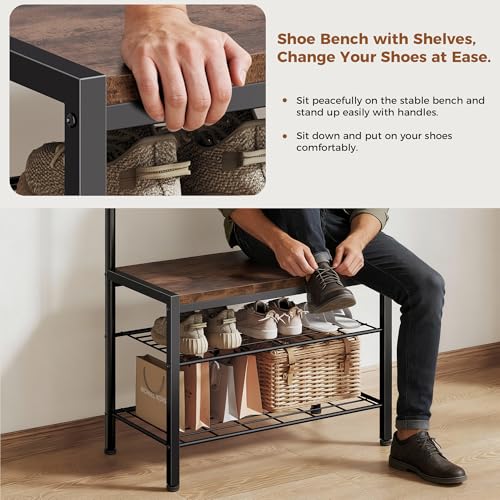DUMOS Hall Tree with Shoe Bench and Coat Rack, Entryway Bench with Shoe Storage and Hooks, 4-in-1 Coat and Shoe Rack for Entryway, Mudroom Storage Organizer with Shelves, Rustic Brown