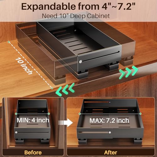 SNTD Pull Out Spice Rack for Upper Cabinet - Expandable Organizer with Smooth Ball Bearing Slides, No Drill Mounting Spice Storage for Kitchen (1 Pack, 4.1" to 7.2" W X 10" D X 2.2" H) - size: 4.1"W X 10"D X 2.1"H