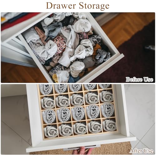 Ciieeo Wooden Drawer Organizer Box 13.38X10.62X1.96In Multi-Compartment Storage Divider for Socks Underwear Keys Home Closet Organization