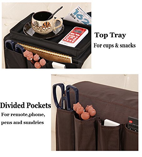 Couch Sofa Armrest Organiser with Cup Holder Tray Chair TV Remote Holder Bedside Storage Pocket Bag for Cellphone Tablet Notepad Book Magazines DVD Eyewears Drinker Snacks Holder Pouch - color: Black (with top tray)