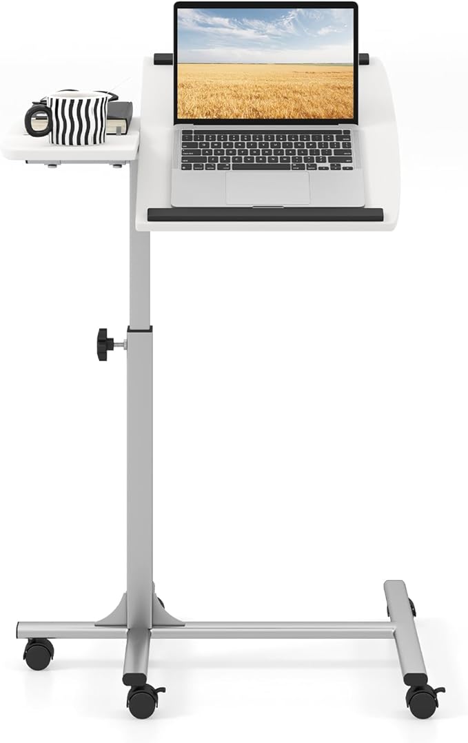 COSTWAY Rolling Laptop Stand, Mobile Laptop Tray and Cart with 45 °Degree Swivel Tilting Tabletop, Height Adjustable Mobile Podium from 24.5'' to 36'', Overbed Computer Table for Sofa, Bed (White)
