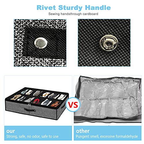 Under Bed Shoe Storage Organizer for Closet 2 Pack- Fits 24 Pairs Underbed Shoes Container Boxes with 2 Sturdy Handles and Clear Window,Foldable Shoe Rack Holder,Black - color: Black-24pairs, style: Regular Handle