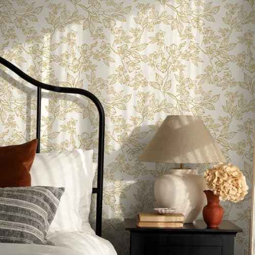 Ismoon Floral Peel and Stick Wallpaper Vintage Beige Contact Paper White Gold Stick on Wallpaper Textured Removable Self Adhesive Wall Paper for Bedroom Vinyl 17.3x78.7in