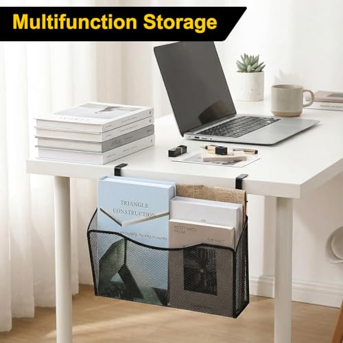 Clamp On Desk Organizer, 2-IN-1 Under Desk Side Organizer Storage Hanging Wall Mounted File Holder Under Desks Drawer Mesh File Organizers for Office Home Room Storage Basket