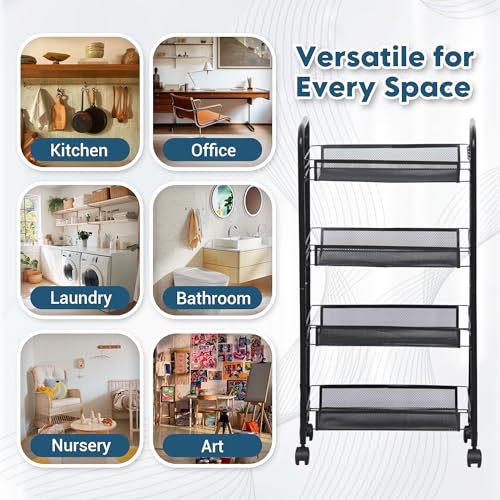 LOFTEY 4 Tier Rolling Storage Cart, Small Metal Utility Cart on Wheels, Rolling Organizer Carts for Kitchen, Bathroom, Laundry Room, Office, Easy No-Tool Assembly, Black