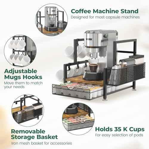 EsLuker.ly Coffee Bar Station Organizer with K Cup Drawer, Pod Holder Storage Rack with 7 Mug Hooks for Countertop, Wooden Coffee Machine Maker Stand for Home Office, Space-Saving for Coffee Lovers