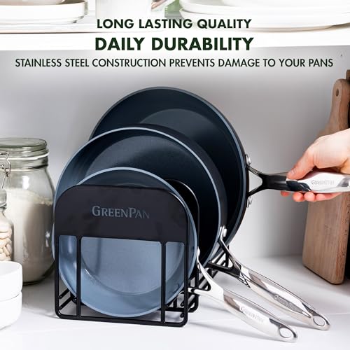 GreenPan Stainless Steel Wire Cookware Storage Rack, 5 Frying Pan Compartments, Countertop or Cabinent Organizer, Minimizes Clutter, Fast Drying, Wipes Clean, Black - size: Frying Pan Storage Rack