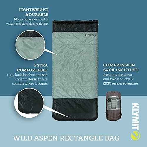 Klymit Wild Aspen Lightweight Rectangle Sleeping Bag, 20¡ÆF Sleeping Bag for Camping, Hiking, and Backpacking in Cold Weather, Green