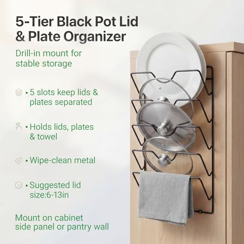 5-Tier Stainless Steel Pot Lid Organizer for Cabinet Door & Wall, Heavy-Duty Lid Storage Rack with 2 Installation Methods, Space-Saving Holder for Pots, Pans & Woks,Fits Small Kitchens