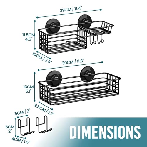 TAILI Shower Caddy Suction Cup 2 Pack with Hooks & Soap holder, Heavy Duty Shower Organizer for Bathroom, No Drilling Bathroom Organizer with Large Capacity, Black Metal Storage Basket - style: 2×Black