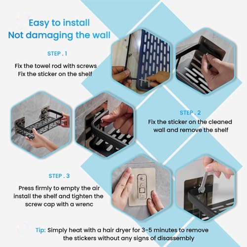2-Pack Adhesive Shower Caddy – Rustproof Aluminum Black Shower Shelves with Towel Bars & Hooks, No Drill Bathroom Organizers and Storage, Anti-Tip Shower Organizer for Inside Shower - size: 2-Pack