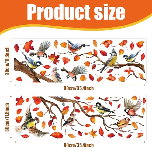 Fall Wall Stickers Tree Bird Branch Leaves Wall Decals Autumn Room Mural Stickers for Thanksgiving Home School Office Party Decor, 11.8 x 35.4 Inch, 2 Rolls