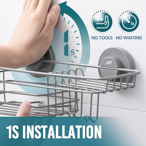 TAILI Shower Caddy Suction Cup with Hooks & Soap Holder, Heavy Duty Bathroom Shower Organizer, No Drilling Shower Shelves for Inside Bathroom, Metal Storage Holder-Grey - style: 1 × Grey