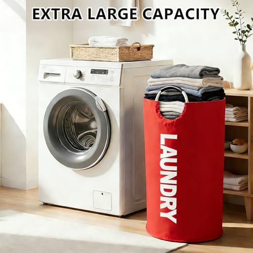 A large 90 liter laundry basket that can be folded for easy carrying. Suitable for bathrooms, laundry rooms, and travel (Red) - color: Red