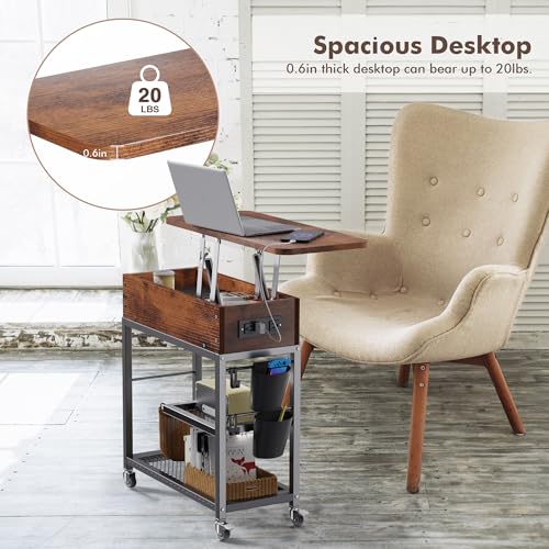 Colima Lift Top End Table with Charging Station and Wheels, Sofa Side Table with USB Port & AC Outlets, Movable Bedside Nightstand with Side Bag for Office Living Room Bedroom(Rustic Wood) - color: Rustic Brown
