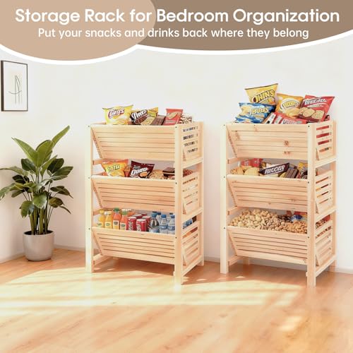 Potato Onion Storage Rack, 3-Tier Stackable Wooden Bins for Pantry Cabinet, Ventilated Vegetable Organizer with Baskets, Fruit Produce Bread Holder for Kitchen Shelf, Fir Wood