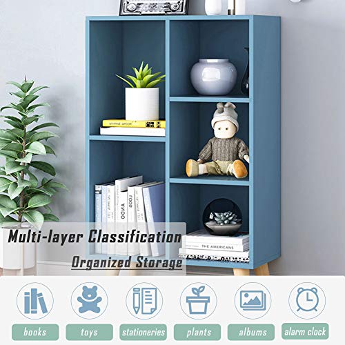 IOTXY Wooden Open Shelf Bookcase - 3-Tier Floor Standing Display Cabinet Rack with Legs, 5 Cubes Bookshelf, Bright Blue - color: Bright Blue, size: 50CM