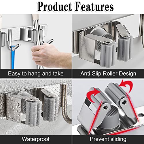 Broom Mop Holder Wall Mount Broom Hanger Wall Mounted Metal Organization Garage Storage Garden Kitchen Tool Organizer With 4 Racks and 5 Hooks (Silver, 1 Pack 3R4H)… - size: 1 Pack 3R4H