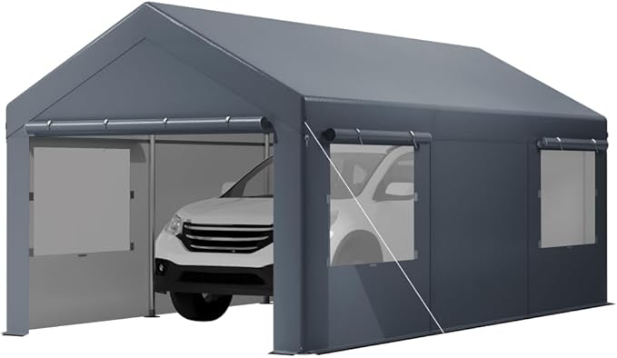 12x20 FT Heavy Duty Carport, Portable Garage with Sidewalls, Roll-up Windows, Carports 10x20 Heavy Duty for Car Boat Truck Motorcycle (Gray)
