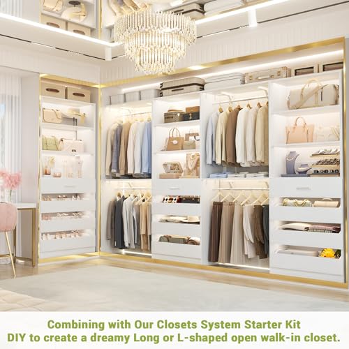 Aheaplus 21.3" Closet System with 4 Drawers, Wood Closet Organizer with Open Shelves, Modular Drawers System Tower, Walk-in Closets Small Wardrobe Rack, Tall Storage Cabinet Unit, White - color: White