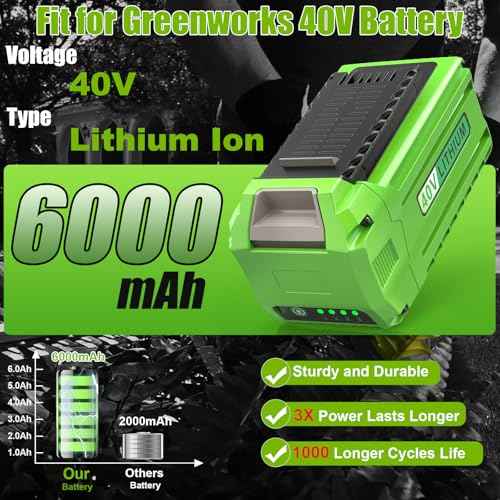 40 Volt 6000mAh Replace High-Capacity Battery for Greenworks 40V Battery, 6.0Ah Long-Lasting Compatible with Greenworks 29472 29462 2901319 and 40V G-MAX Power Tools