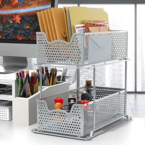 SIMPLE HOUSEWARE 2 Tier Sliding Cabinet Basket Organizer Drawer, Silver - color: Silver, size: 1-Pack