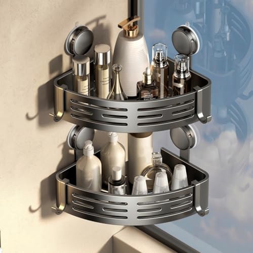 VOLPONE Corner Shower Caddy Suction Cup Shower Shelf Corner No Drilling Bathroom Shower Organizer Storage Rack Adhesive Without Towel Bar (2Pack, Gray) - style: Without Towel Bar Suction Cup Triangle 2 Tier Gray
