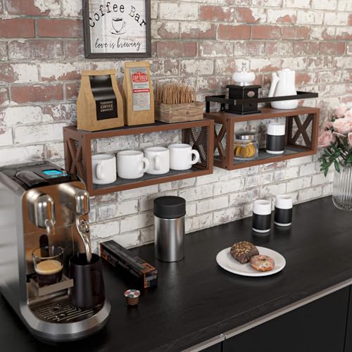 RICHER HOUSE Floating Wood Shelves with Guardrail, Rustic Brown, Wall Mounted, 2 Shelves, Farmhouse Style - color: Rustic Brown
