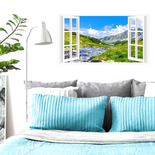 Landscape Wall Sticker Decor 3D Fake Window Mountain Scenery Wall Sticker Peel and Stick Wall Art Wallpaper Removable Faux Window Wall Mural Decal for Bedroom Living Room