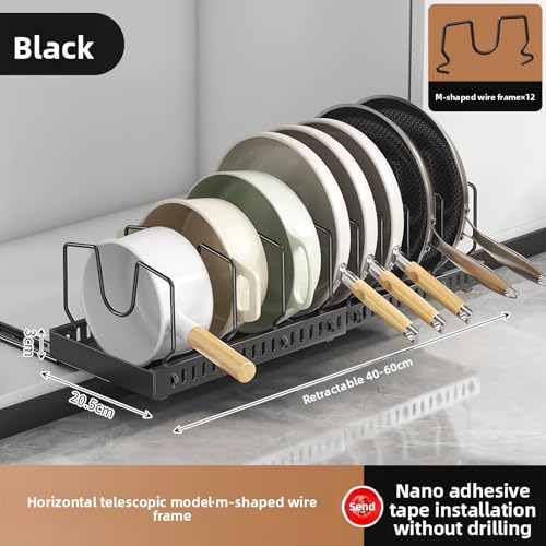 pots and pans organizer under cabinet,pot lid organizers inside cabinet holders for kitchen,Horizontal and vertical pulling modes,Can be extended and adjusted (Black horizontal pull-out) - size: Black horizontal pull-out