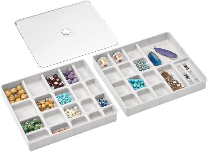 mDesign Stackable Plastic Storage Jewelry Box - 2 Organizer Trays with Lid for Drawer, Dresser, Vanity - Holds Necklaces, Bracelets, Bangles, Rings, Earrings - 3 Pieces - Light Gray/Clear